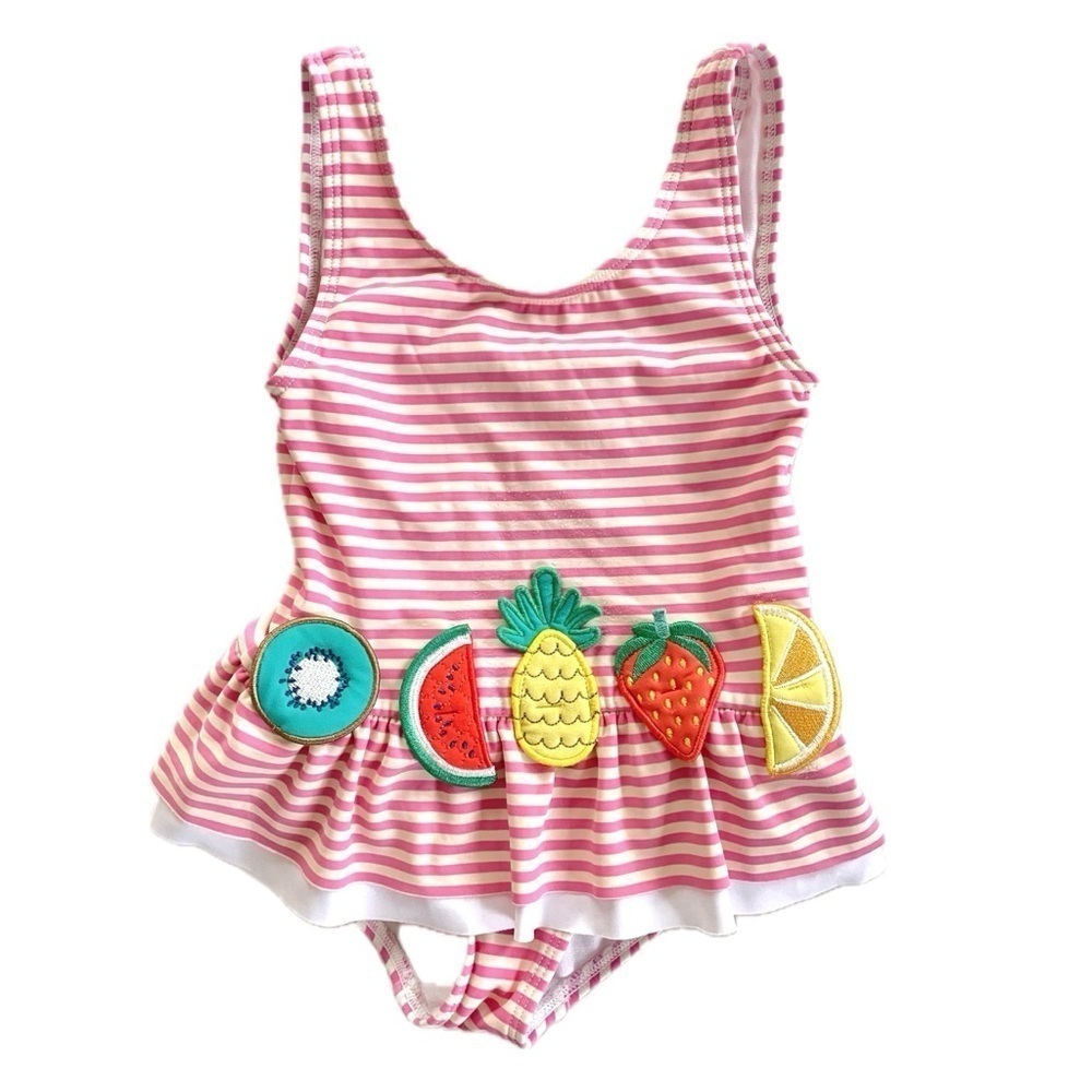 Mini Boden Pink Striped Ruffle Fruit Swimsuit